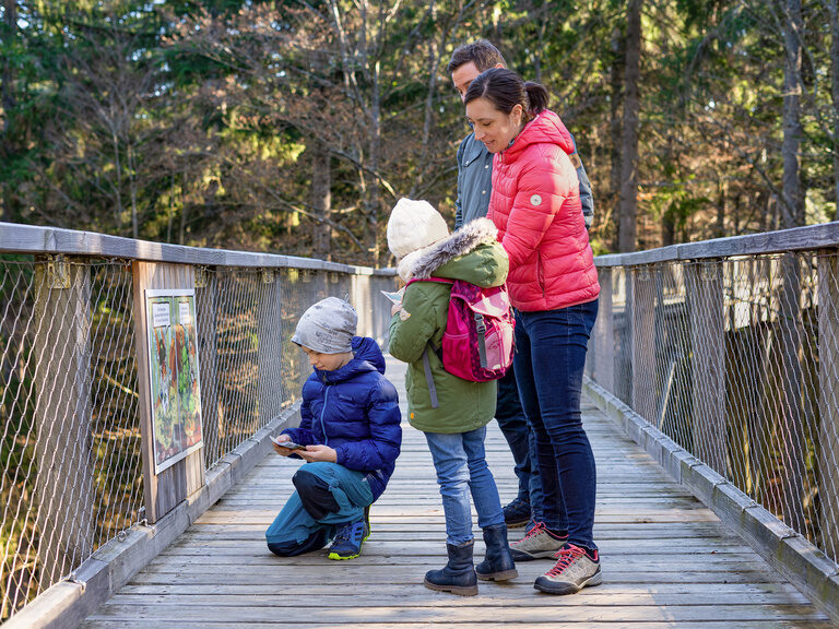 Eine Familie steht auf einer Brücke im Bayerischen Wald und verbringt gemeinsame Urlaubszeit.